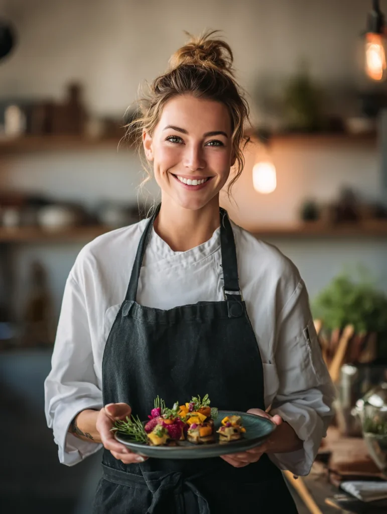 Home 5 u6371119645 a smiling female chef in a modern kitchen wearing b7bb8da2 ac06 4091 b786 e9f082c54b2b 0